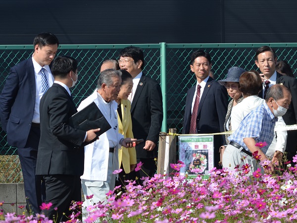 鹿室のコスモス見学に2023年11月3日に土屋復興大臣がいらっしゃいましたのでその様子を撮影した写真1枚目