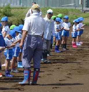 2018年度鹿室コスモス祭りへの準備が始まりました。9月6日に2018年度コスモス祭りになるコスモス畑に園児たちが種を蒔いている写真10枚目。