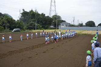 これから一斉に並んで種蒔きを始める写真1枚目