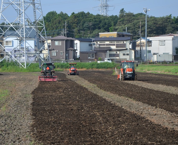 鹿室のコスモス畑の種蒔き準備のために休耕田をトラクターで耕している画像3枚目